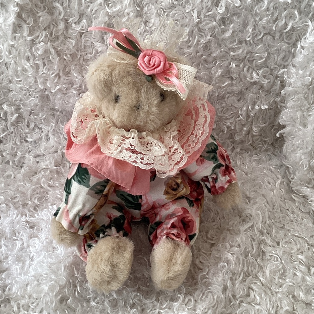 Adorable Teddy Bear in Pink Floral and Lace